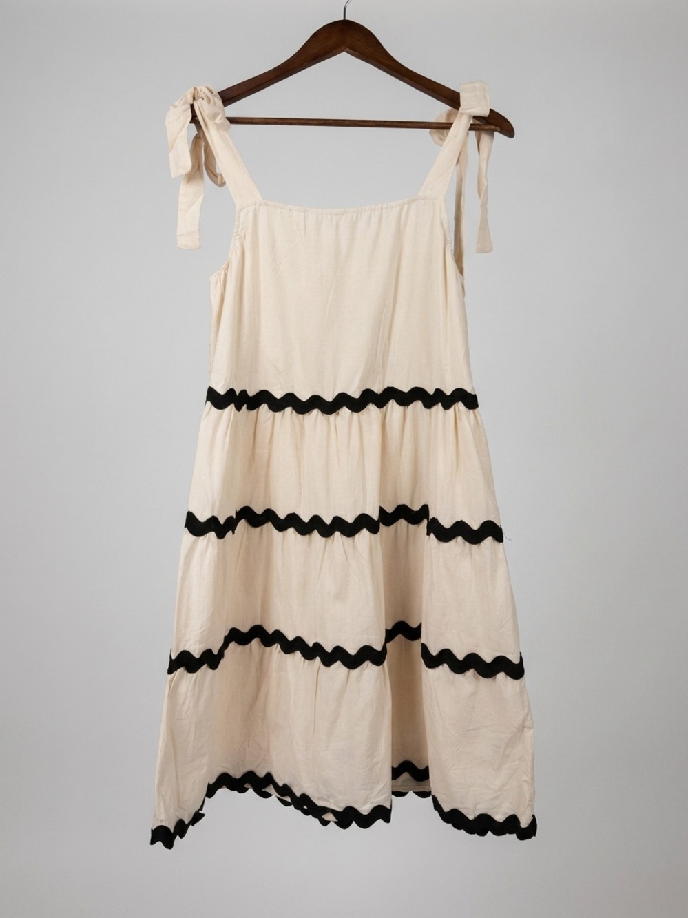 ZESICA Women's Size Large Cream Tie Strap Midi Dress Ric Rac Trim Cottagecore